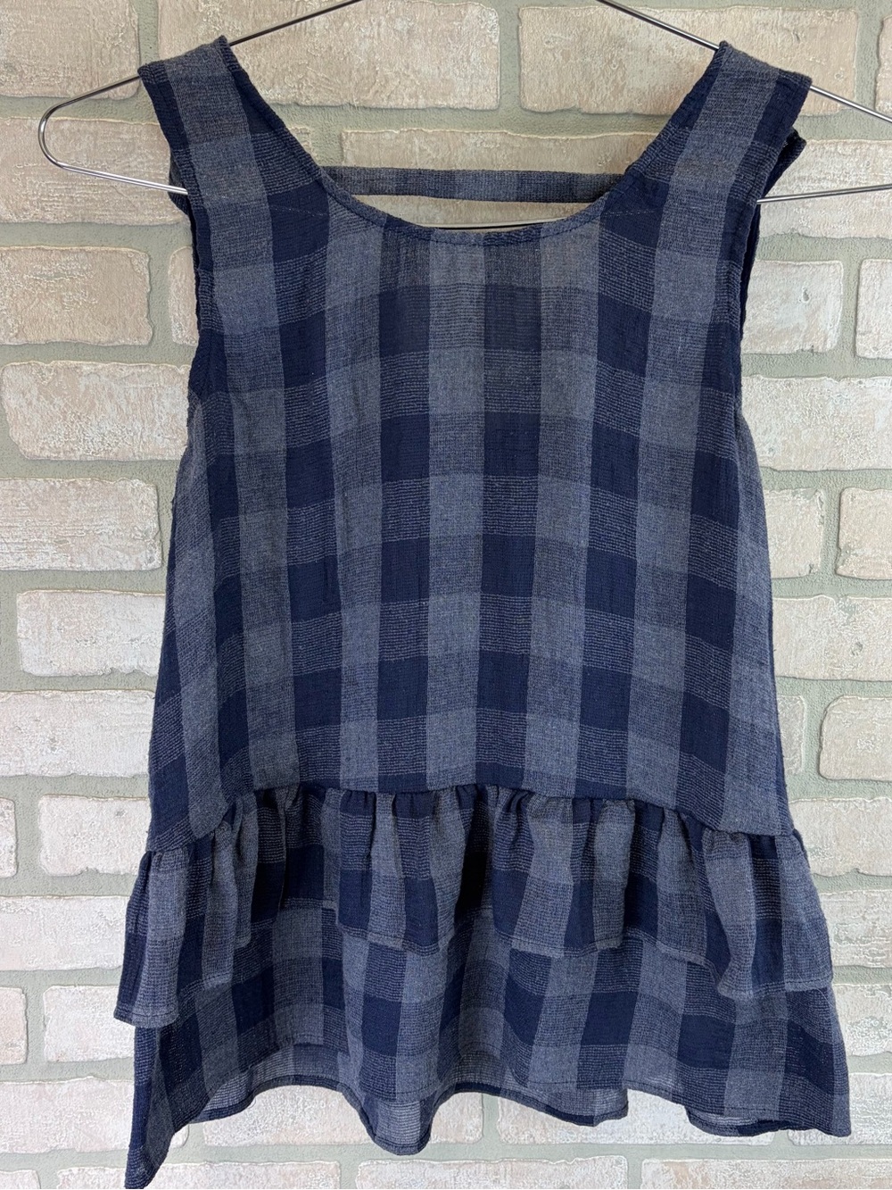 Navy Plaid Ruffle Hem Blouse Size Medium